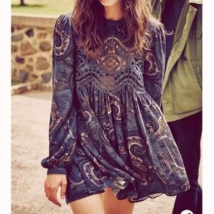 Free People Sweet Thing Paisley Crochet Pleated Tunic Top Boho Whimsical Fairy